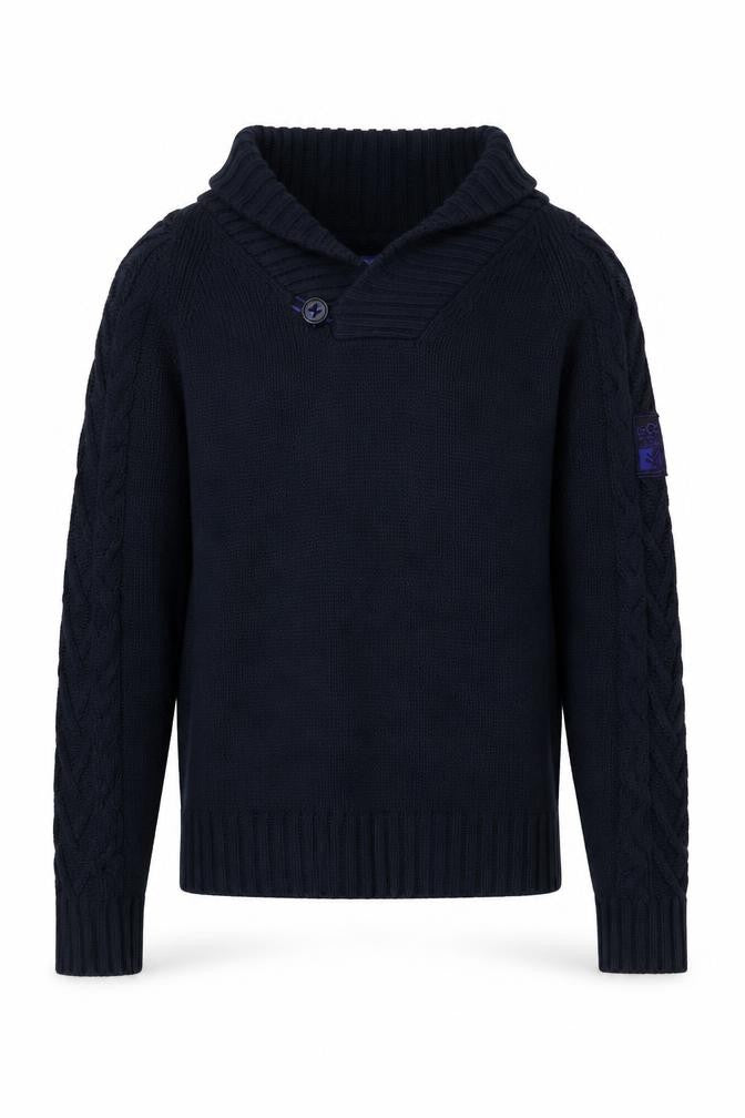 Gio-Goi Men's Blue Cable-Knit Shawl Collar Cotton Pullover Jumper Size L