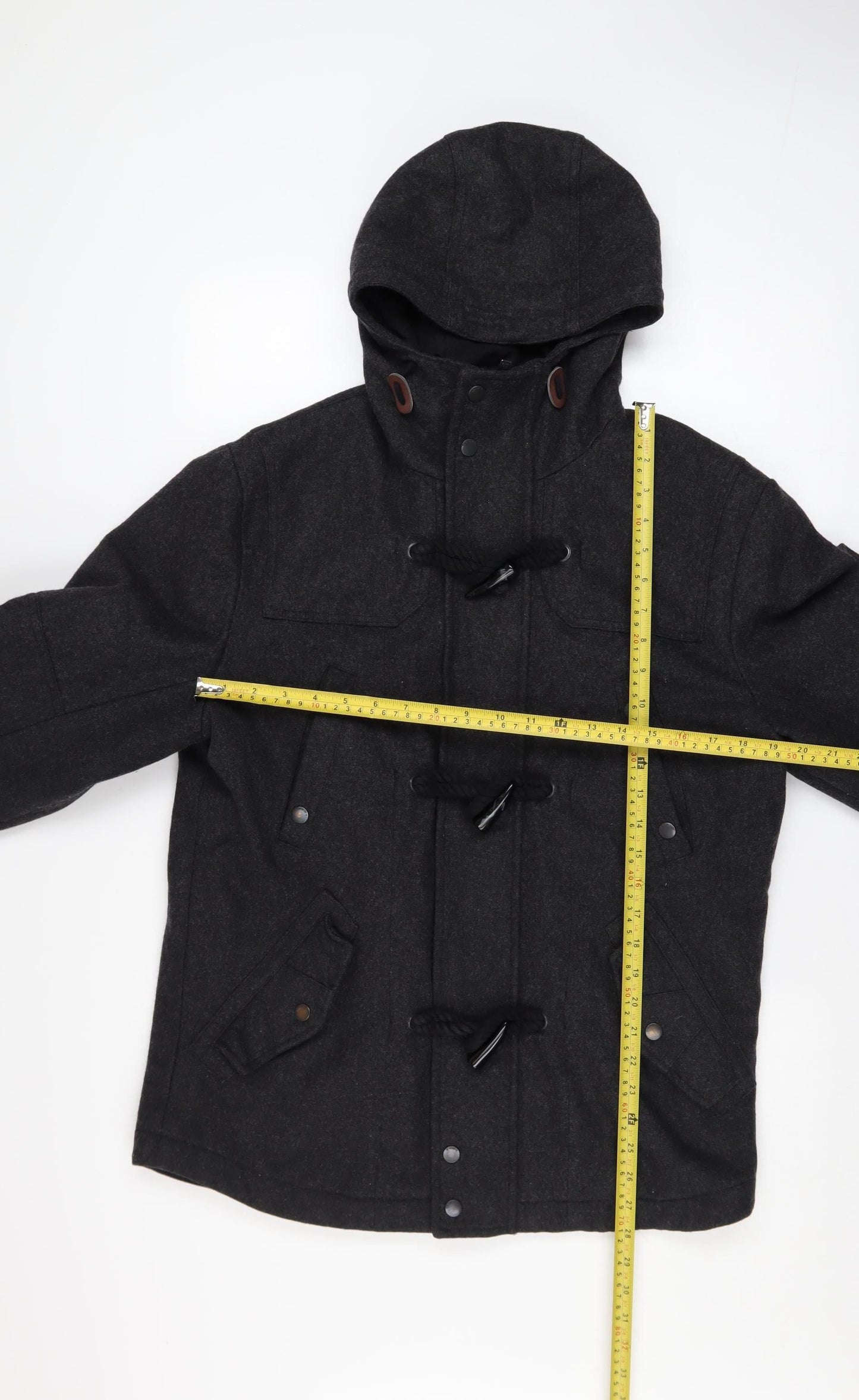 Next Men's Black Wool Blend Duffle Coat Size M Hooded Mid-Length Warm