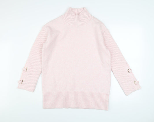 River Island Women Pink XS Mock Neck Long Sleeve Jumper with Buckle Detail
