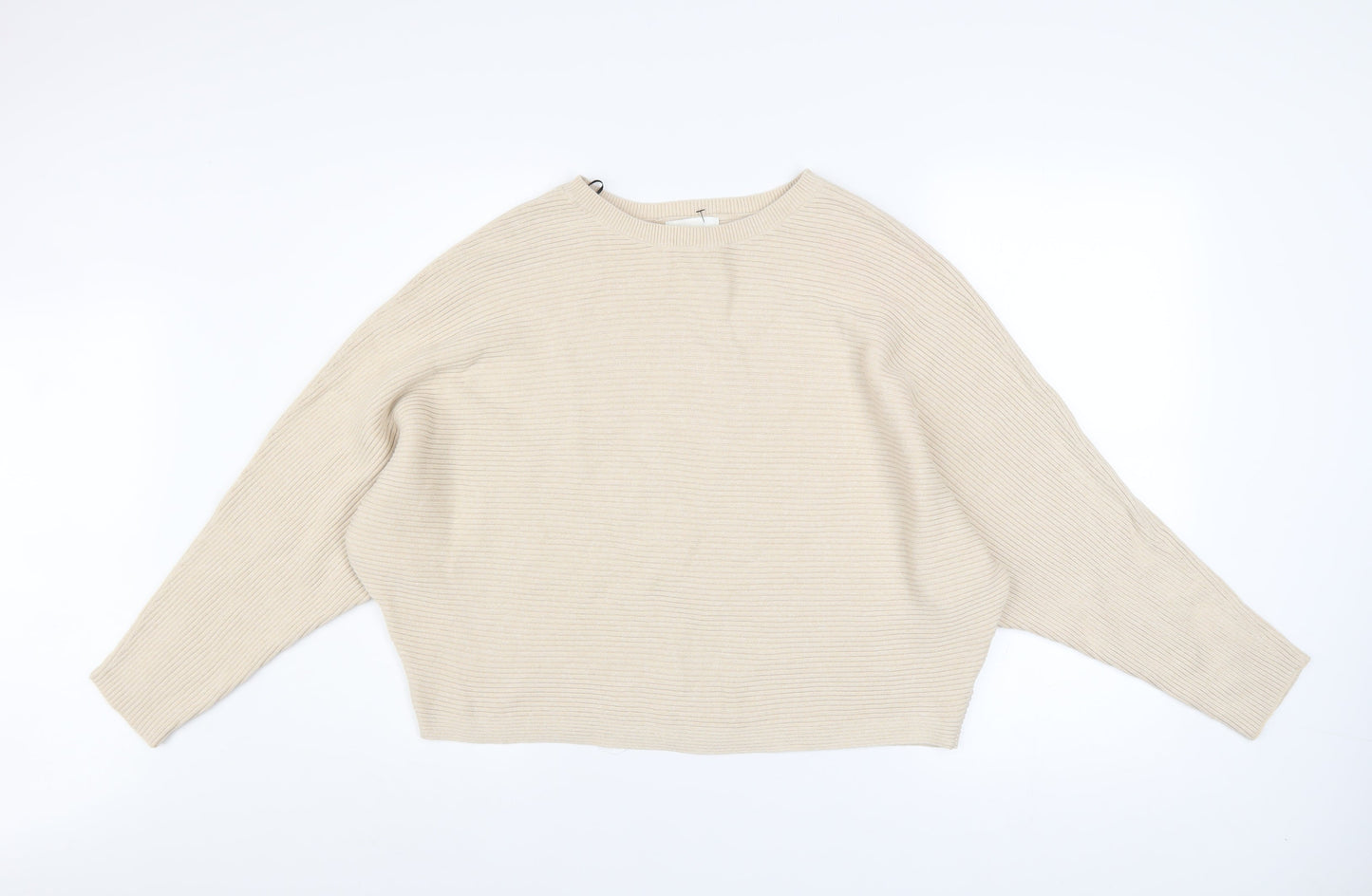 H&M Women Beige Cotton Ribbed Relaxed Fit Jumper Size S