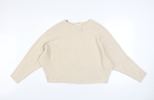 H&M Women Beige Cotton Ribbed Relaxed Fit Jumper Size S