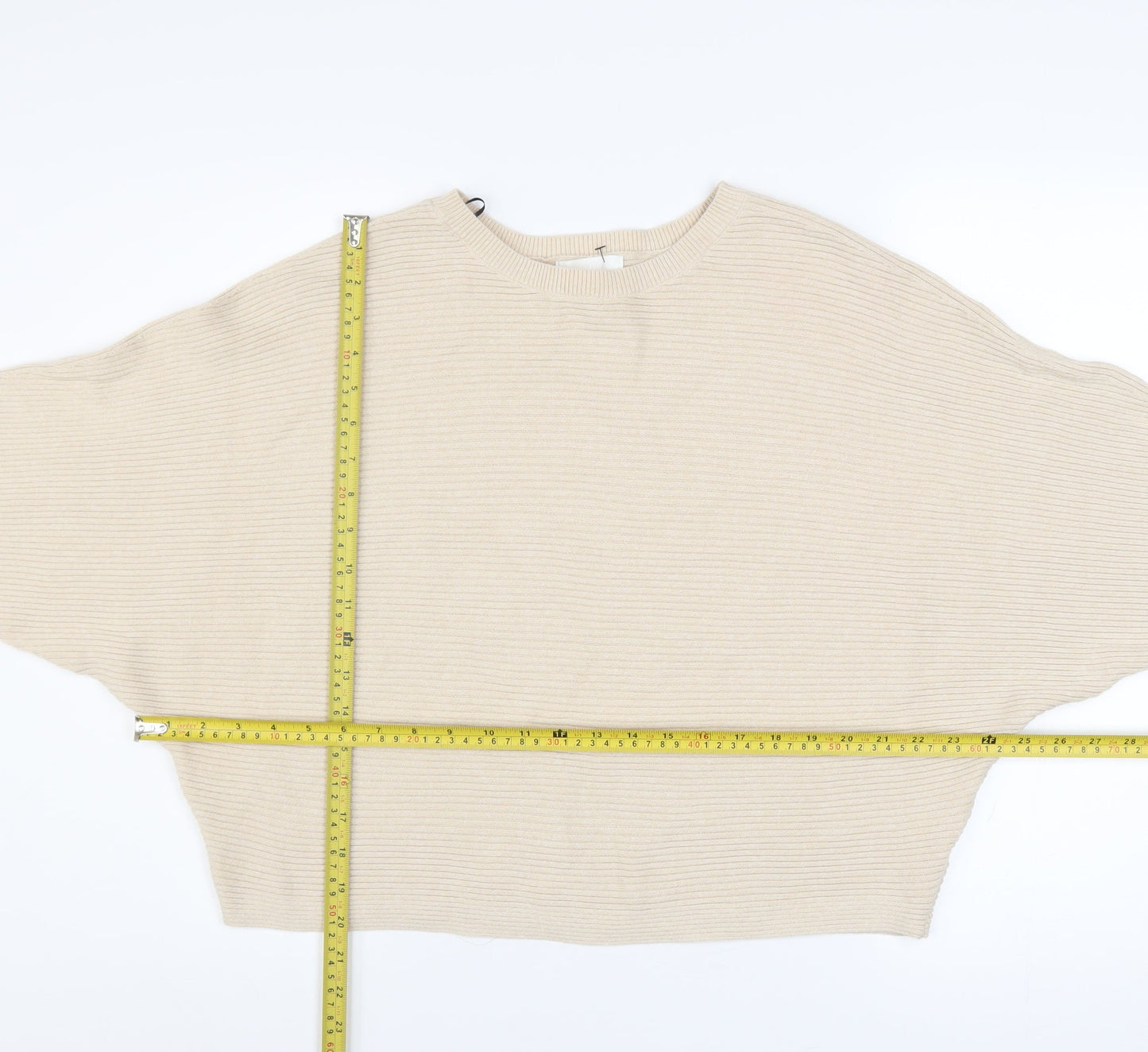 H&M Women Beige Cotton Ribbed Relaxed Fit Jumper Size S