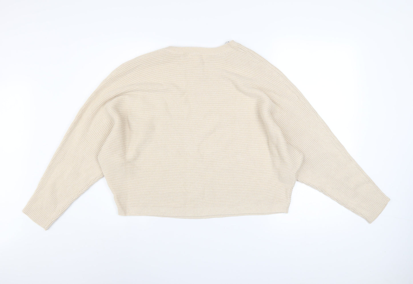 H&M Women Beige Cotton Ribbed Relaxed Fit Jumper Size S