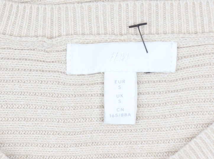 H&M Women Beige Cotton Ribbed Relaxed Fit Jumper Size S