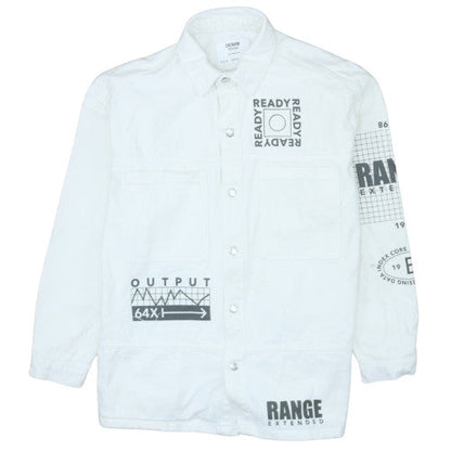Bershka Men’s White Cotton Graphic Denim Jacket Size S