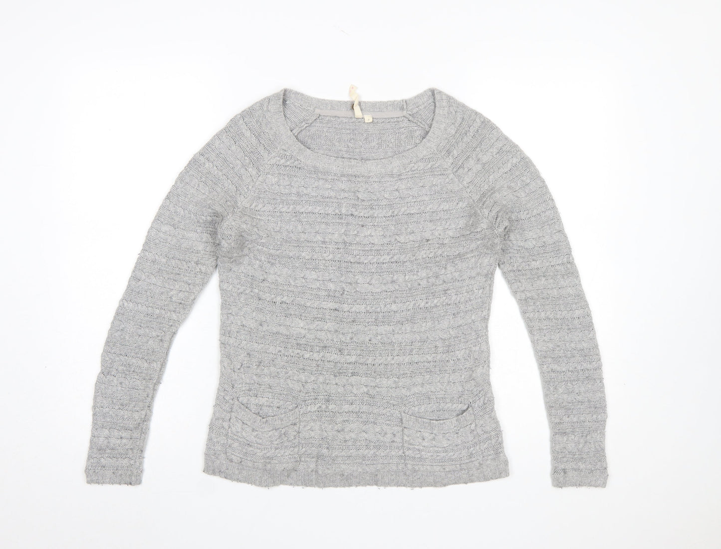 White Stuff Womens Grey Cable-Knit Jumper Size 8 Scoop Neck Pullover