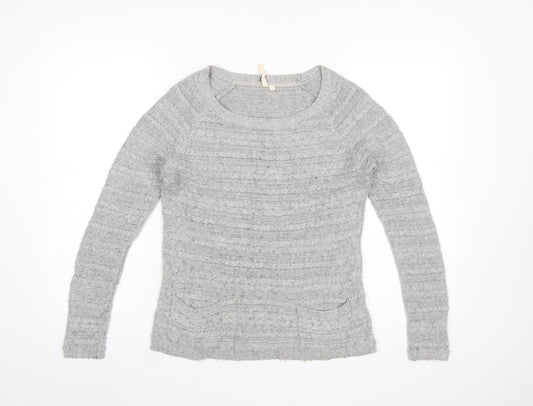 White Stuff Womens Grey Cable-Knit Jumper Size 8 Scoop Neck Pullover