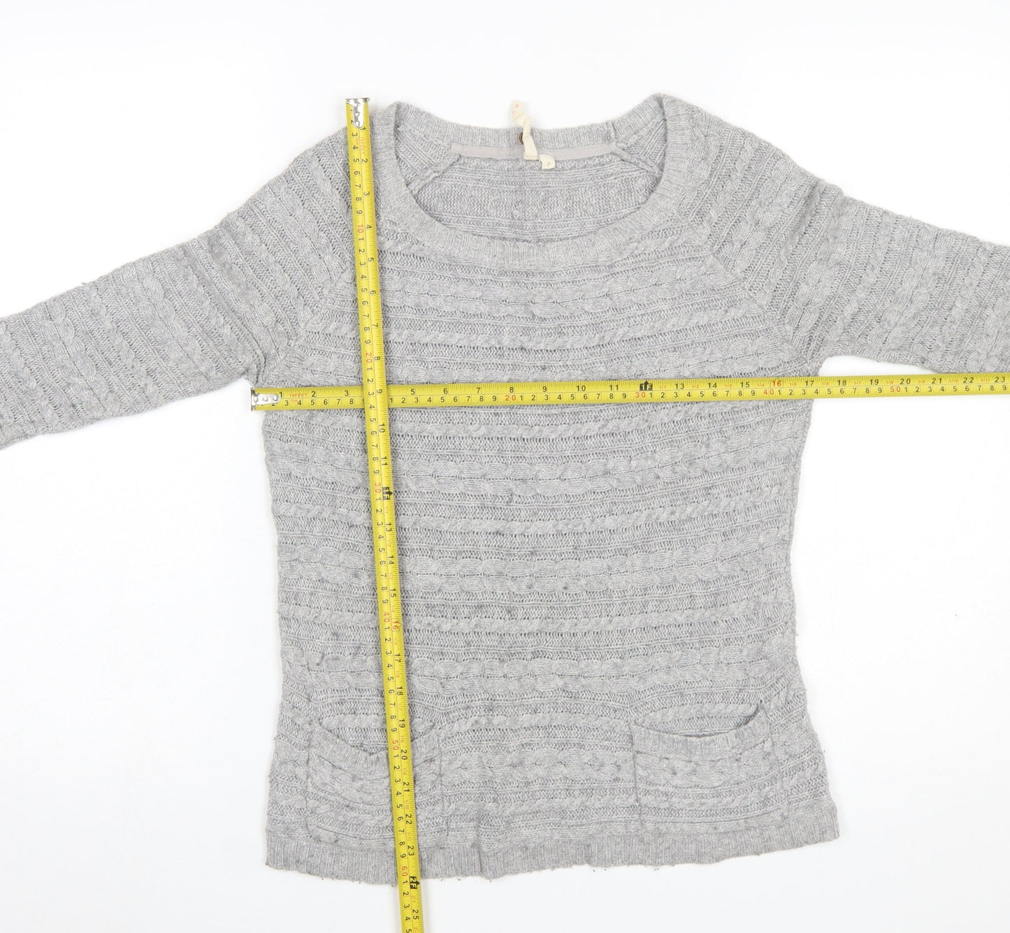 White Stuff Womens Grey Cable-Knit Jumper Size 8 Scoop Neck Pullover