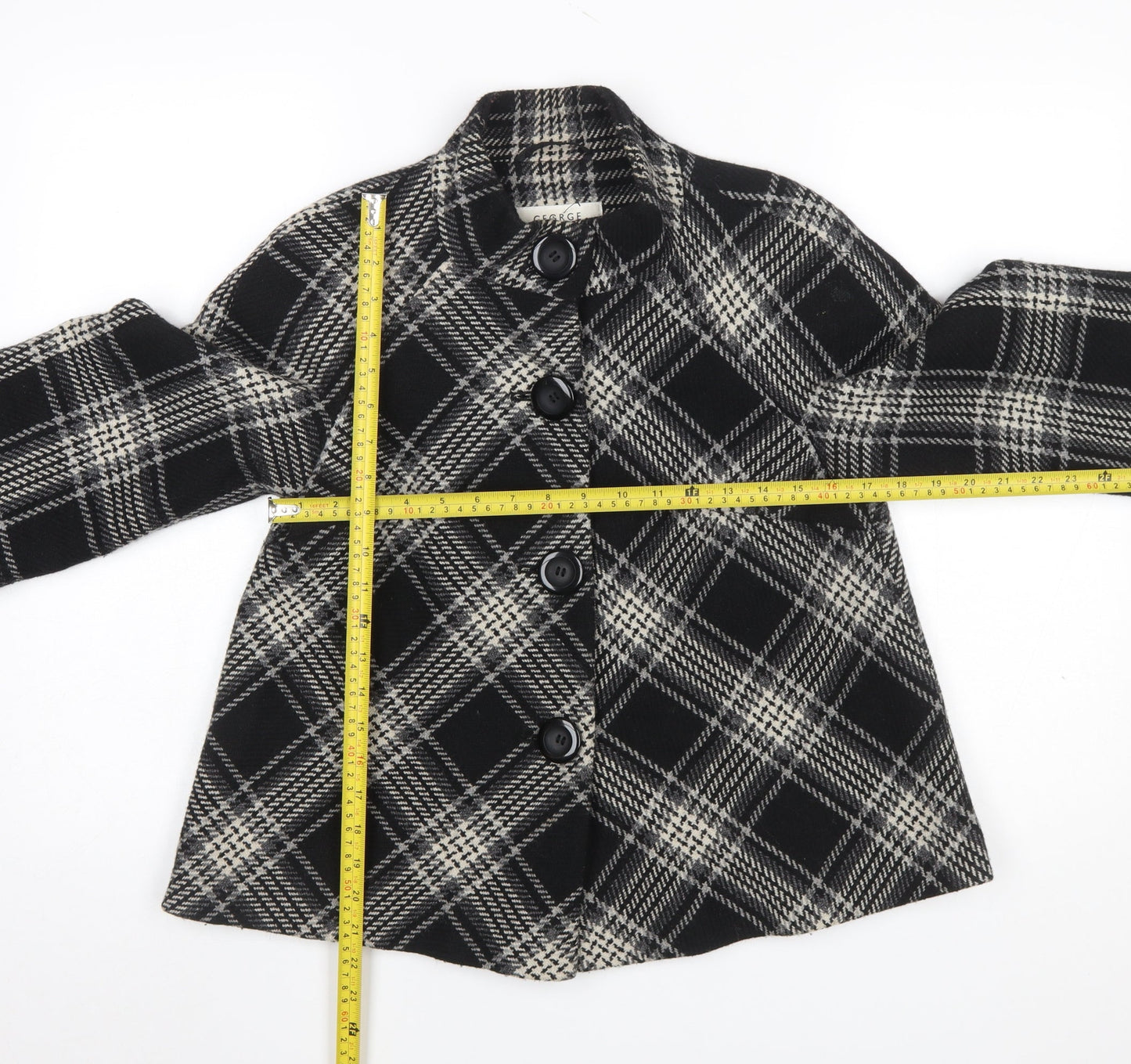 George Women's Black Check Wool Blend Pea Coat Size 10 Classic Style