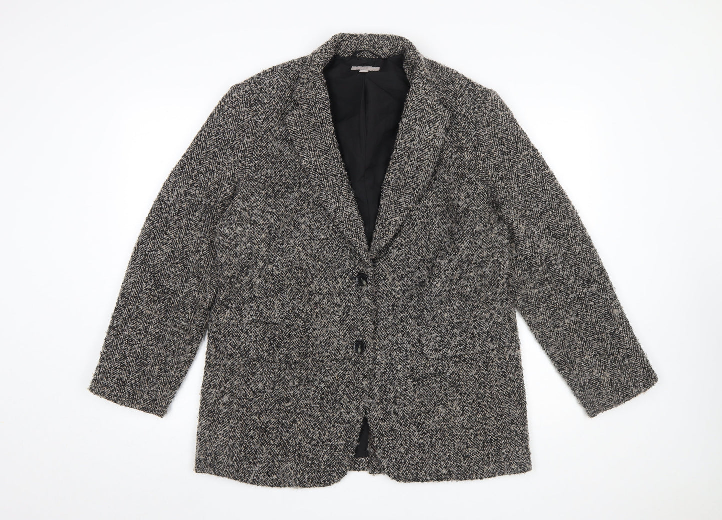H&M Women Black Grey Tweed Wool Blend Single-Breasted Blazer Size 10