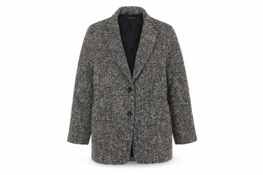 H&M Women Black Grey Tweed Wool Blend Single-Breasted Blazer Size 10