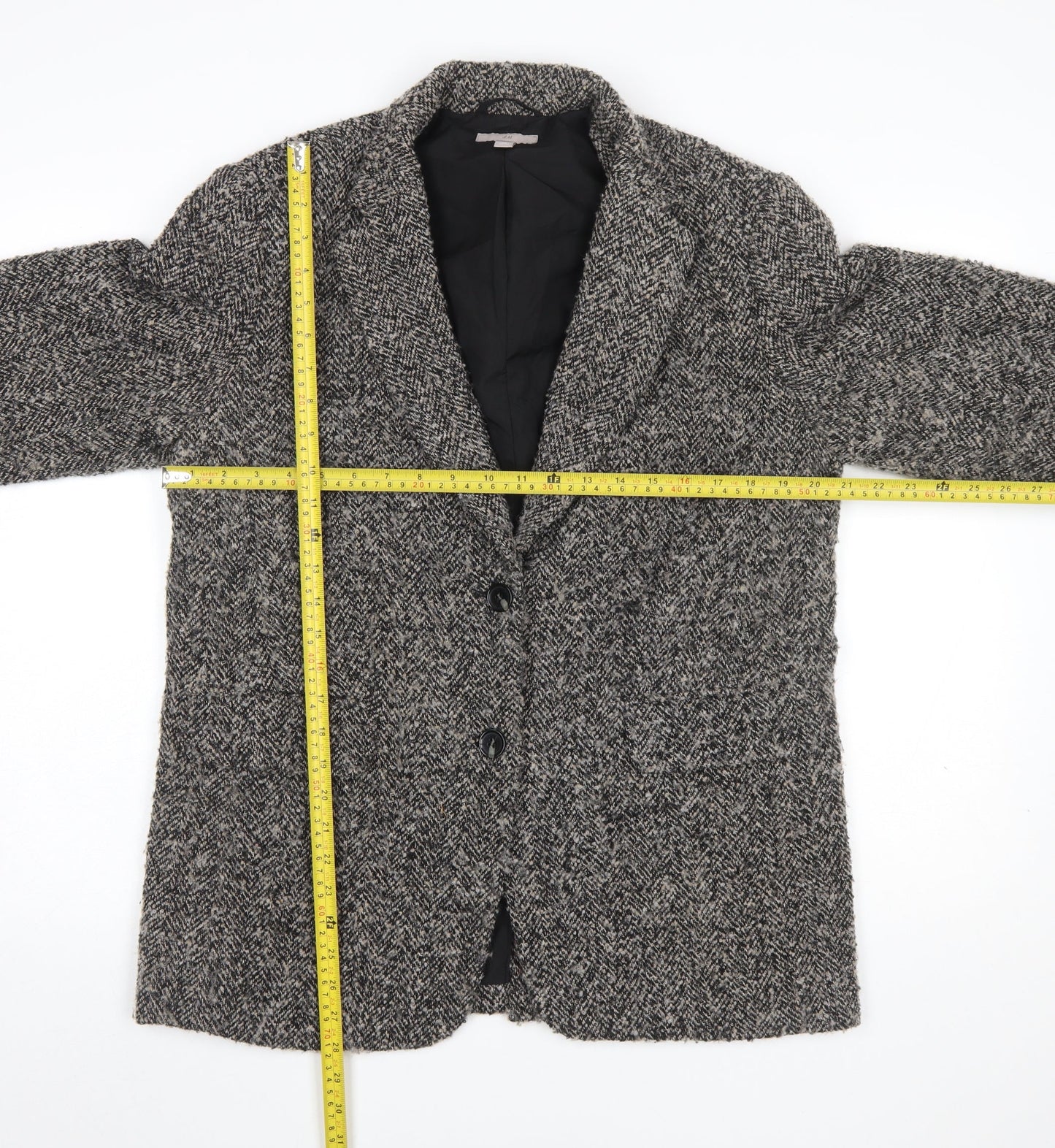 H&M Women Black Grey Tweed Wool Blend Single-Breasted Blazer Size 10