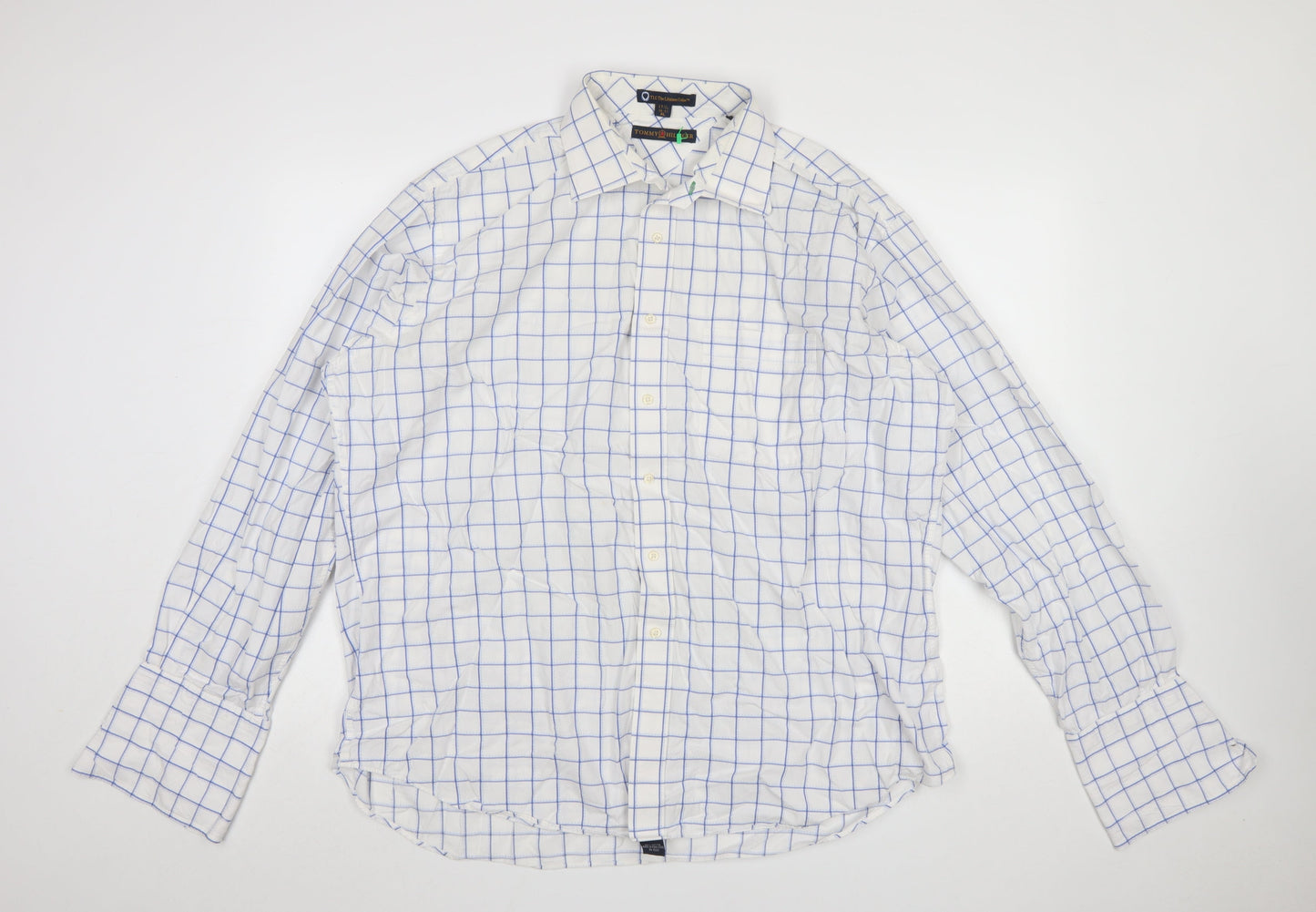 Tommy Hilfiger Men's White Blue Check XL Formal Dress Shirt 100% Cotton