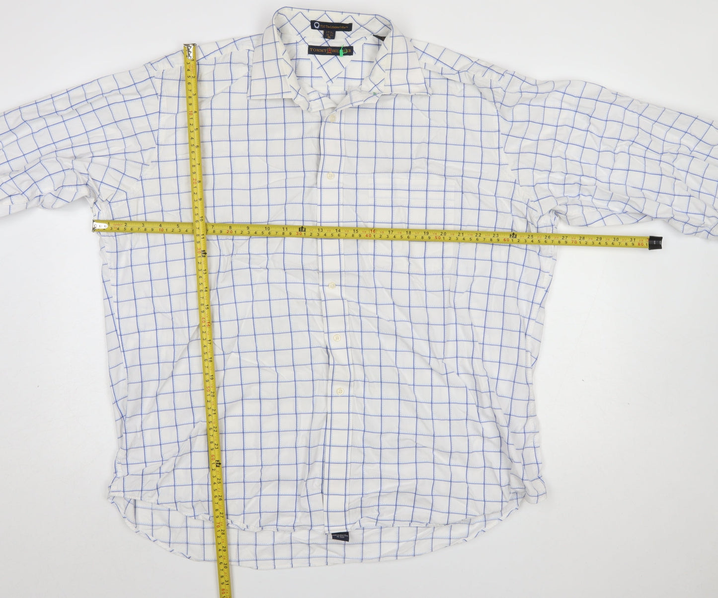 Tommy Hilfiger Men's White Blue Check XL Formal Dress Shirt 100% Cotton