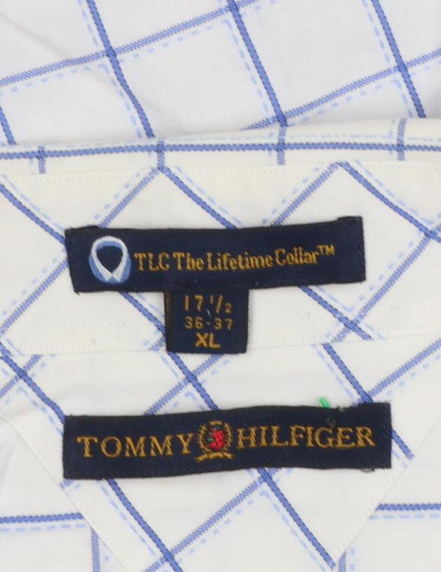 Tommy Hilfiger Men's White Blue Check XL Formal Dress Shirt 100% Cotton