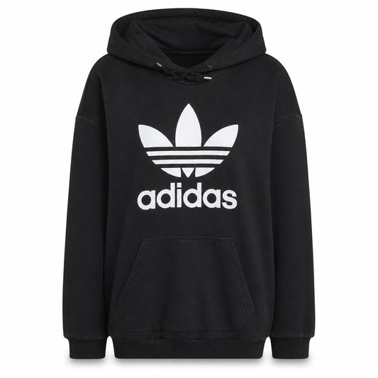 Adidas Womens Black Pullover Hoodie L Cotton Blend Trefoil Logo