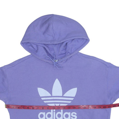 Back view of Adidas women’s purple pullover hoodie, size UK 8, relaxed fit