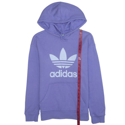 Brand and care label for Adidas women’s purple pullover hoodie, size UK 8, relaxed fit