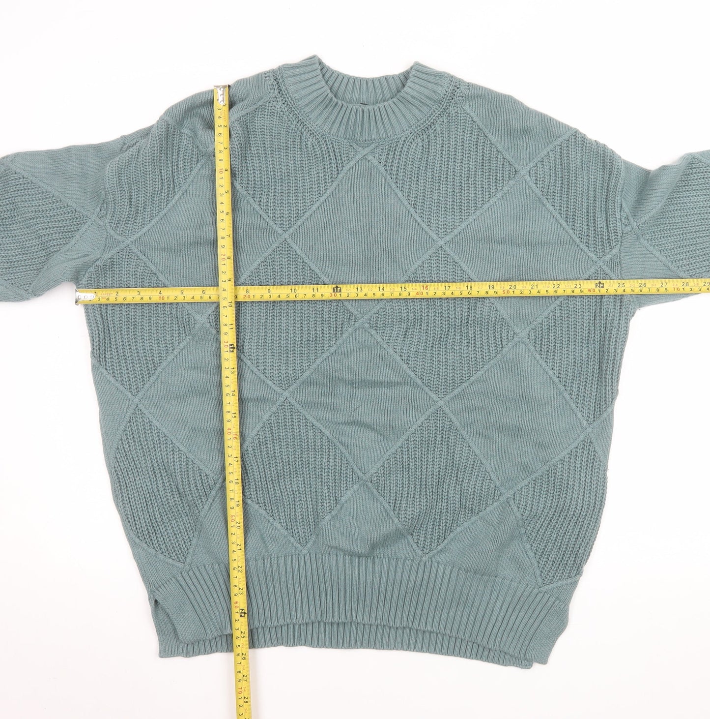 Marks and Spencer Men’s Green Argyle Crew Neck Cotton Wool Jumper Large