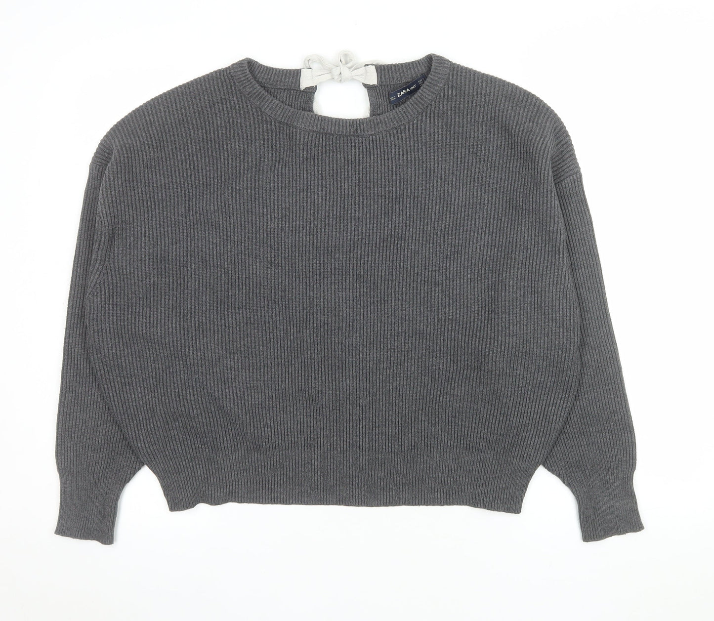 Zara Women Grey Knit Bow Back Relaxed Pullover Jumper Size S