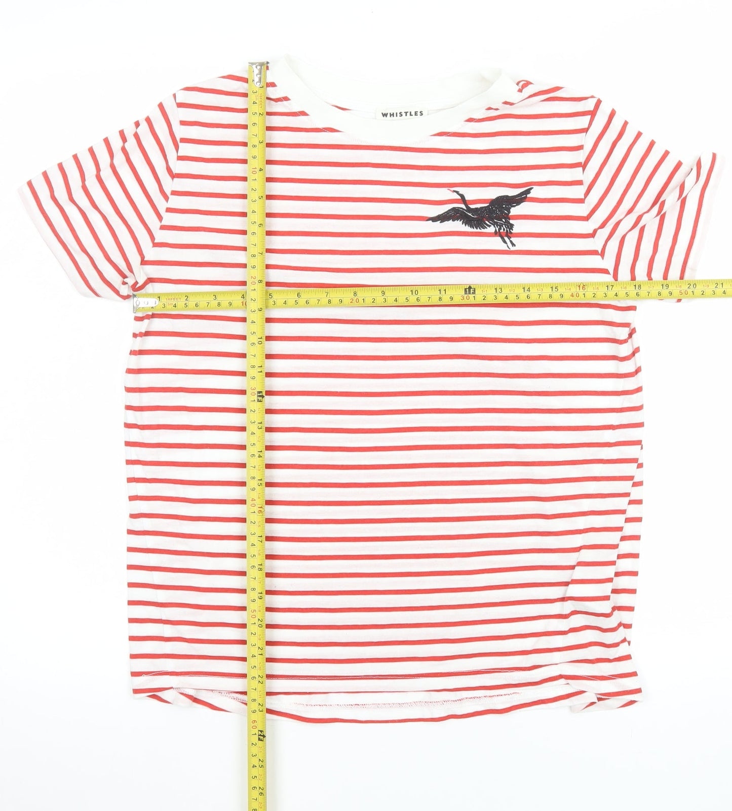 Whistles Women Red Stripe Embroidered Bird T-Shirt Size S