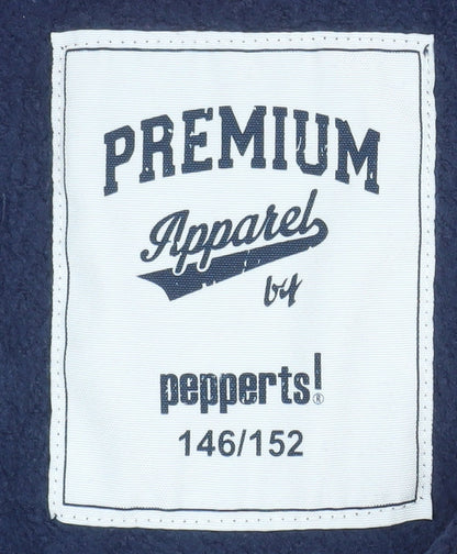 Brand and care label for Pepperts girls’ blue hooded full zip basic jacket, size 146, cotton blend
