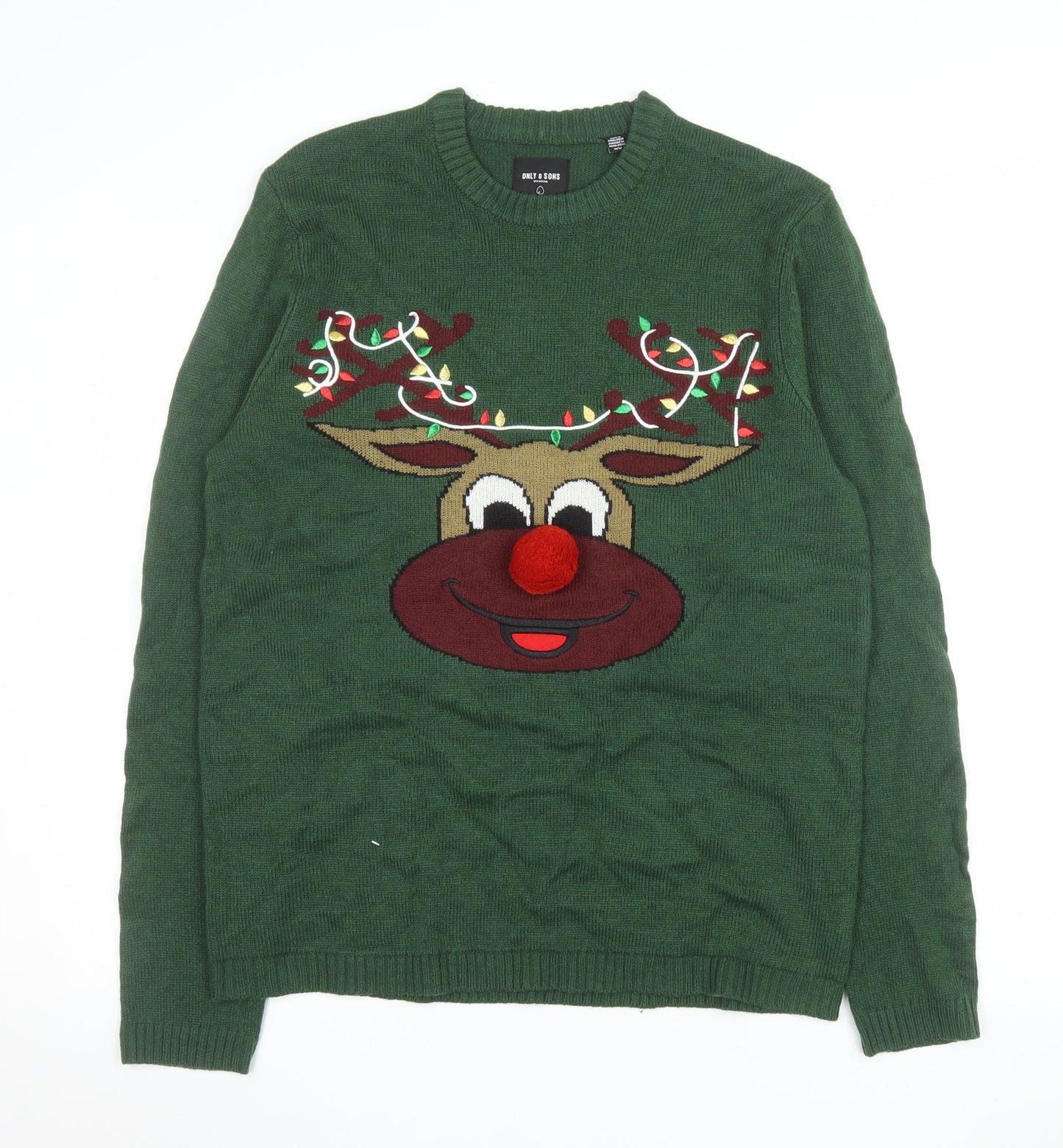 ONLY & SONS Men’s Green Christmas Reindeer Jumper Size M Pullover Knit