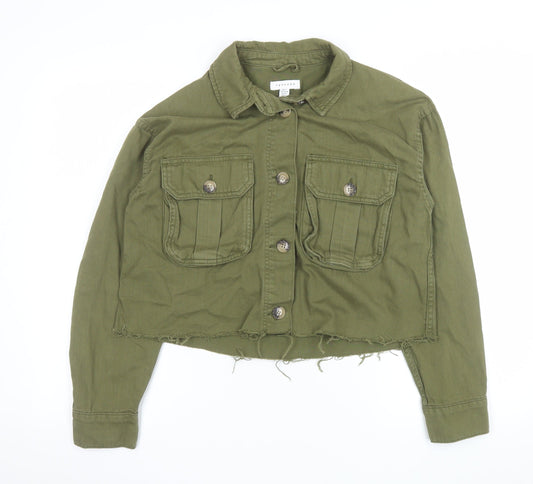 Topshop Women Green Cropped Military Jacket S Cotton Button Up