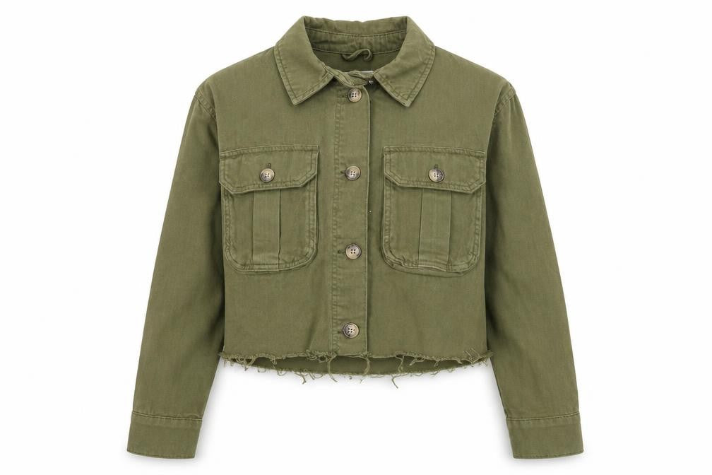 Topshop Women Green Cropped Military Jacket S Cotton Button Up