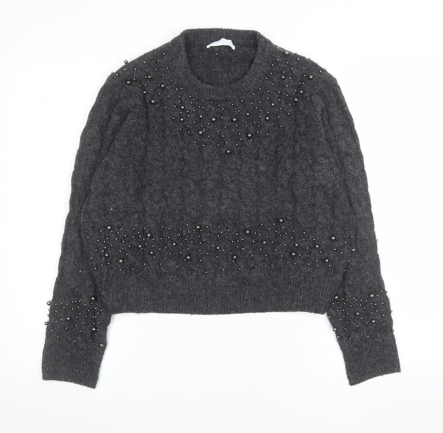 Primark Women Grey Beaded Cable-Knit Pullover Jumper Size M