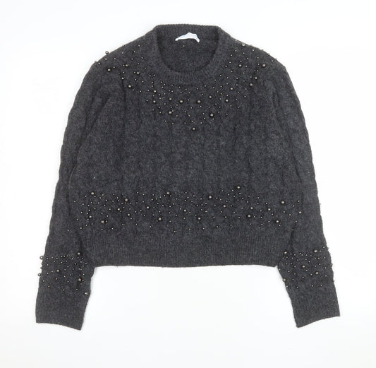 Primark Women Grey Beaded Cable-Knit Pullover Jumper Size M