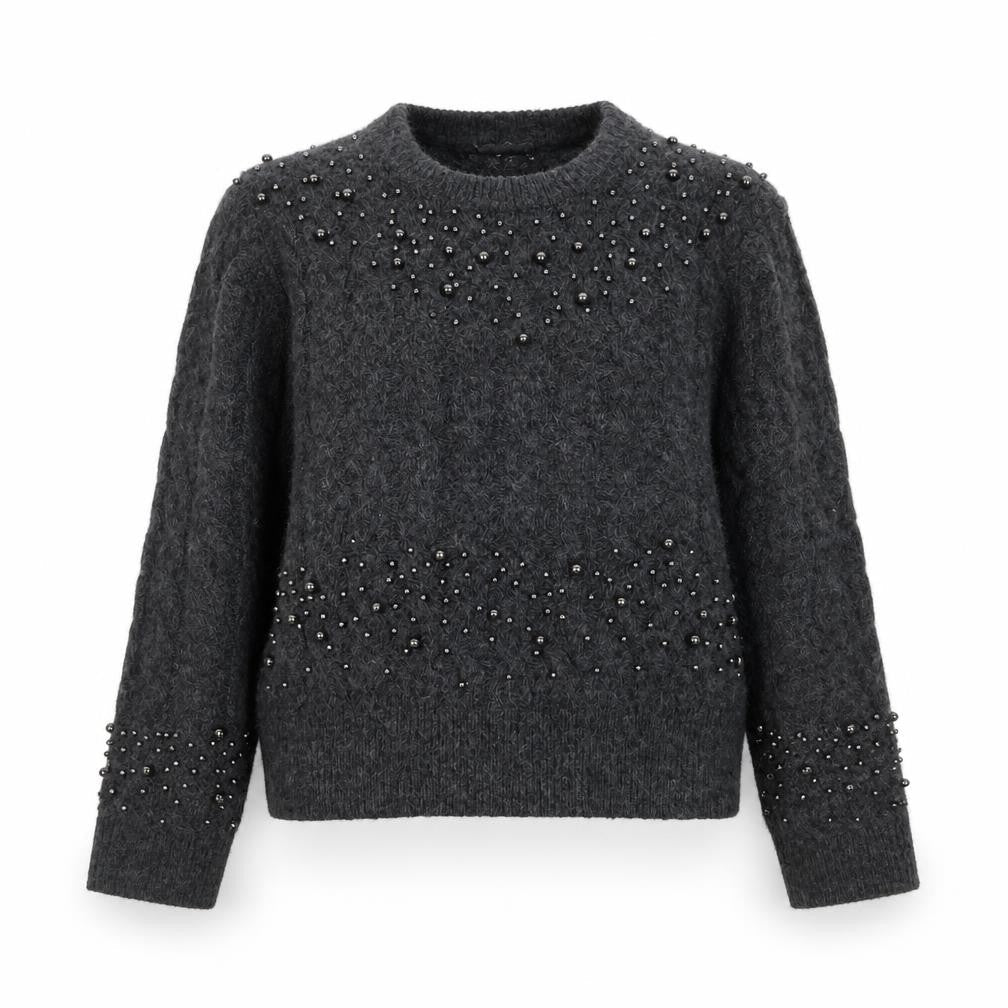 Primark Women Grey Beaded Cable-Knit Pullover Jumper Size M