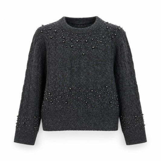 Primark Women Grey Beaded Cable-Knit Pullover Jumper Size M