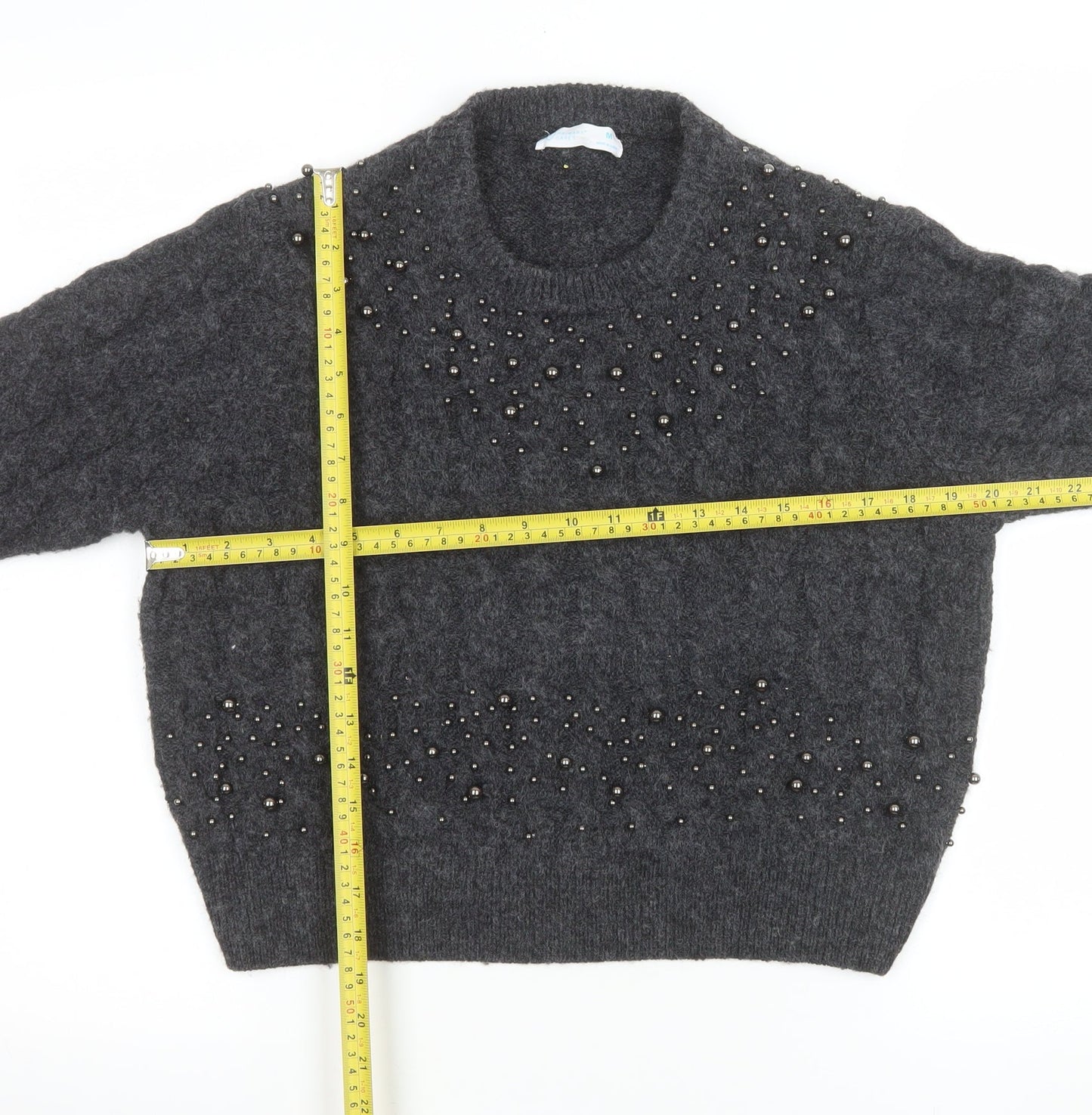 Primark Women Grey Beaded Cable-Knit Pullover Jumper Size M