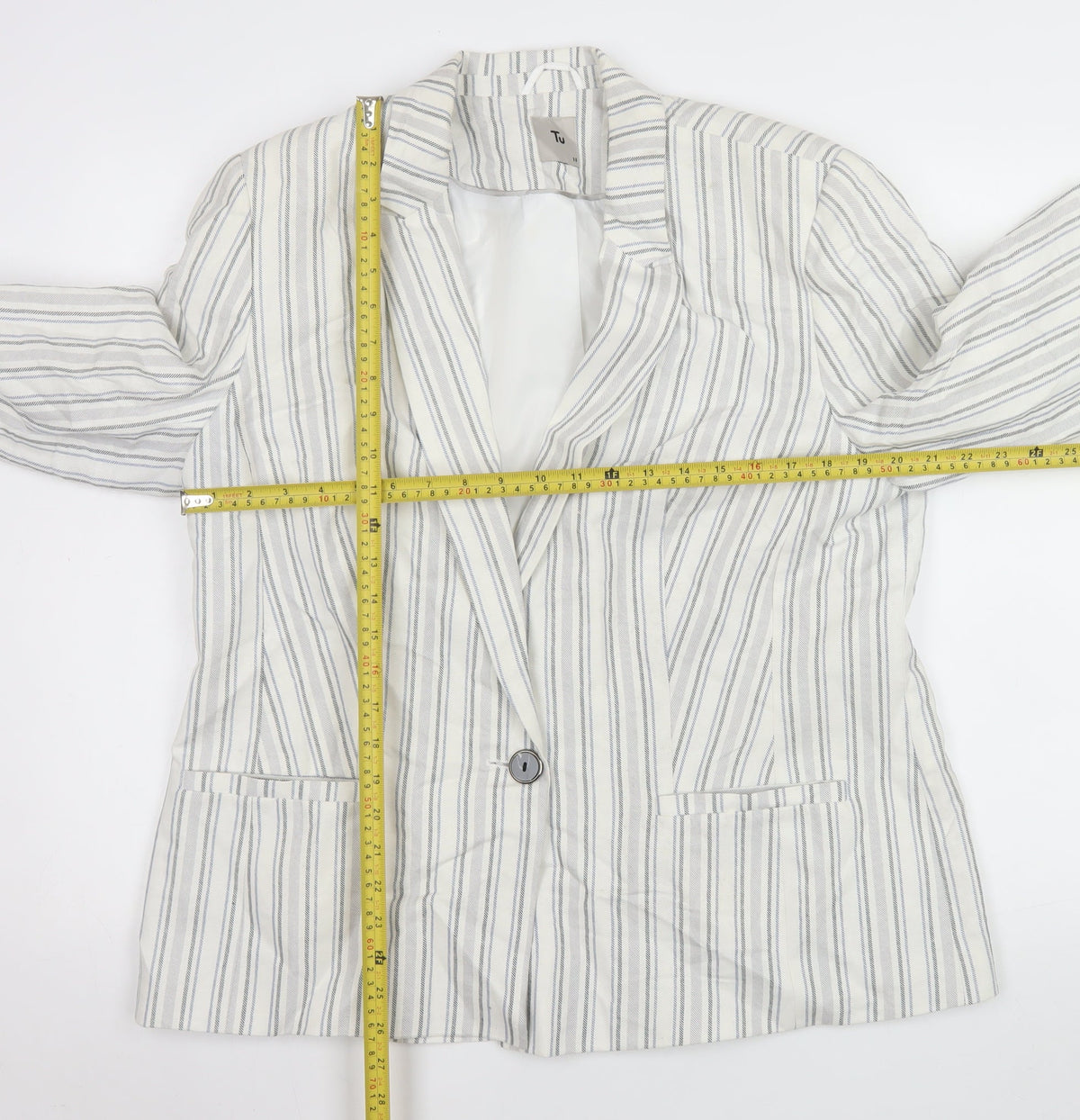 Tu Women’s White Striped Linen Blend Single-Breasted Blazer Size 18