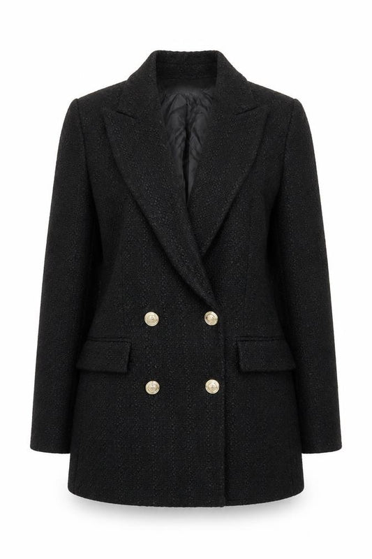 Zara Women Black Tweed Double-Breasted Blazer XS