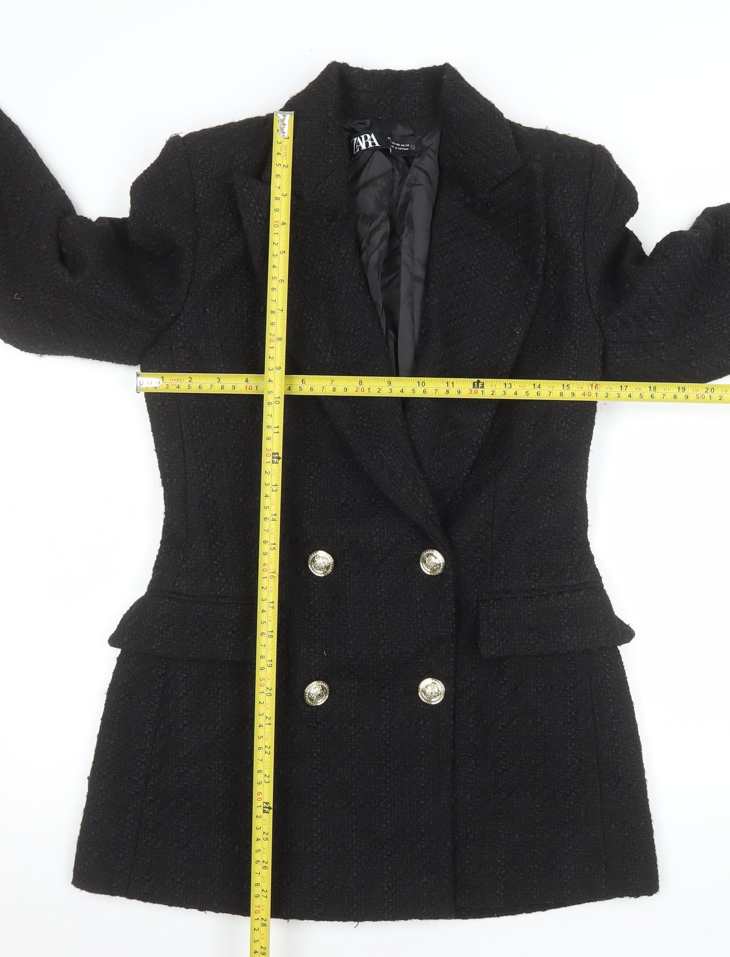 Zara Women Black Tweed Double-Breasted Blazer XS