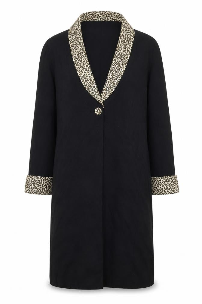 Petite Perceptions Women’s Black Leopard Trim Long Coat Size 8