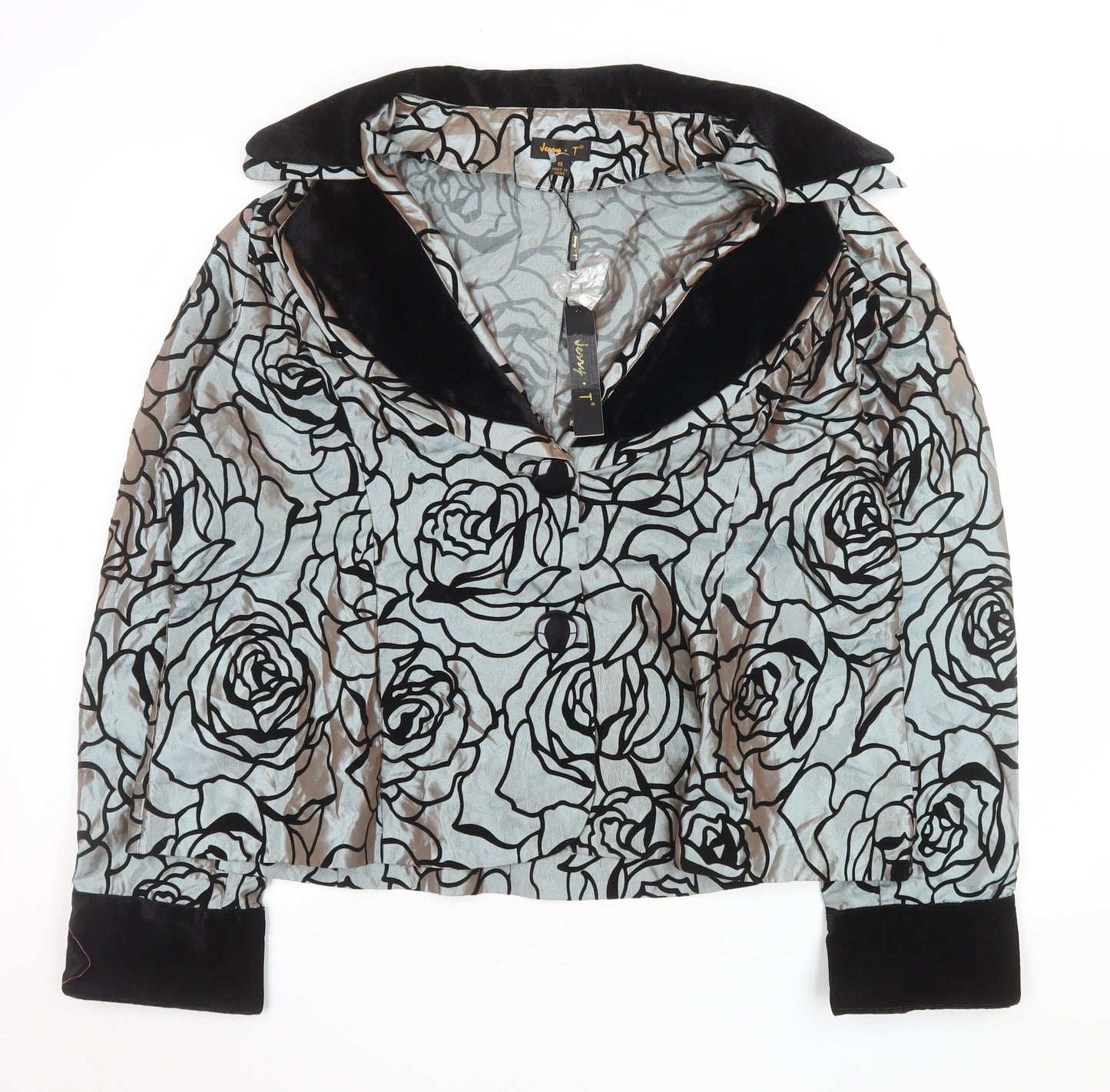 Jenny T Women Grey Floral Velvet Collar Shawl Lapel Blazer XL