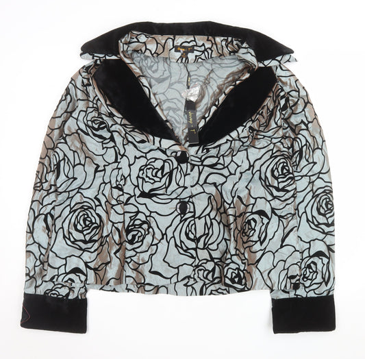 Jenny T Women Grey Floral Velvet Collar Shawl Lapel Blazer XL