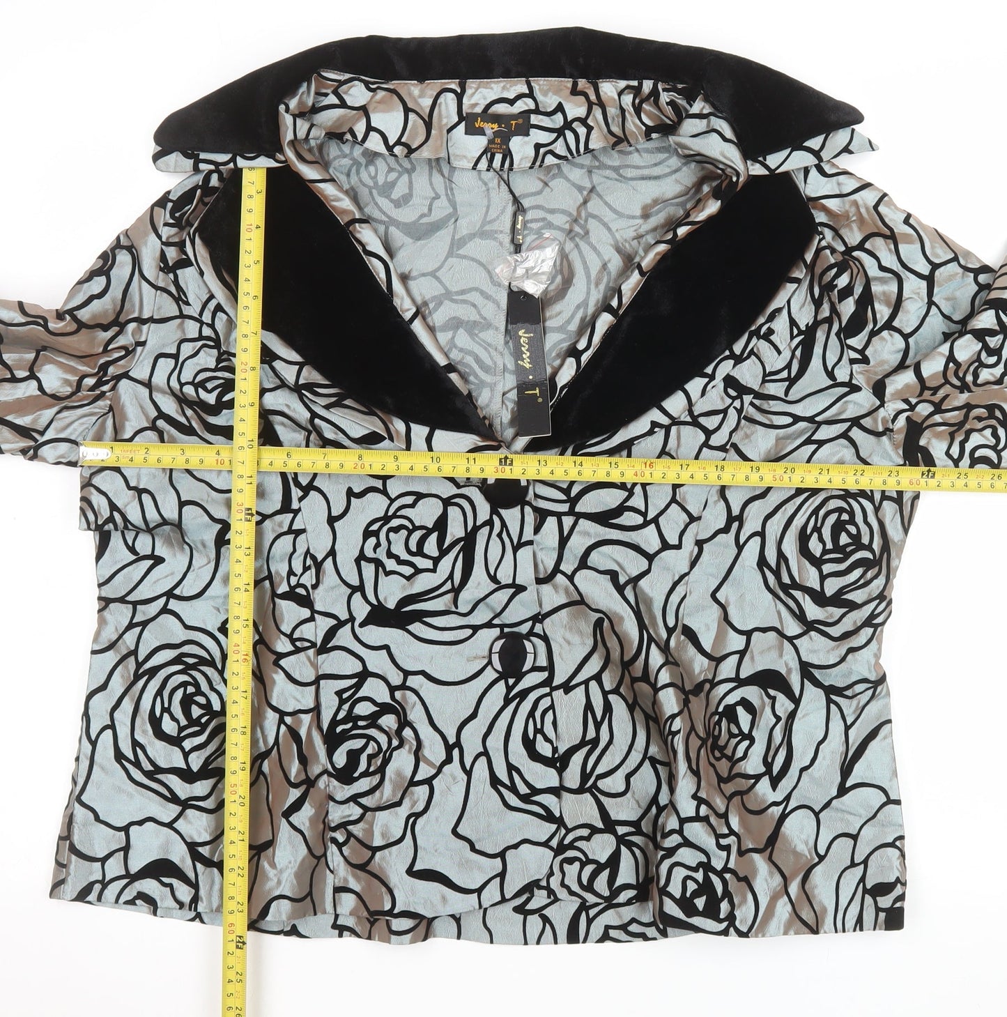 Jenny T Women Grey Floral Velvet Collar Shawl Lapel Blazer XL