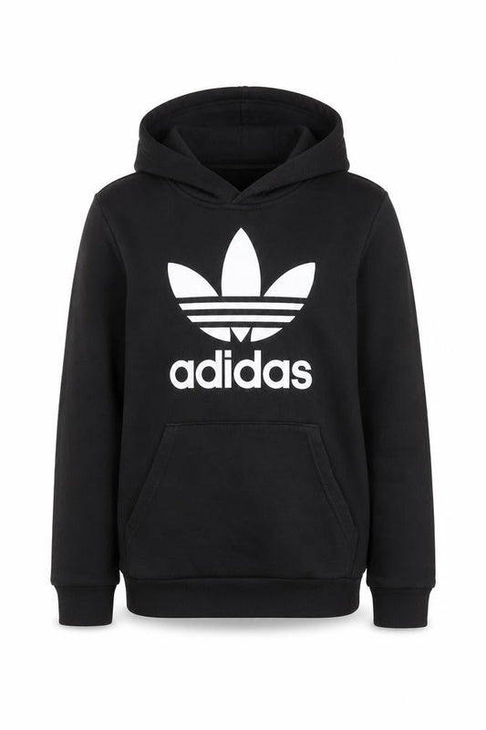 Front view of Adidas boys’ black 11-12 years pullover hoodie with logo print