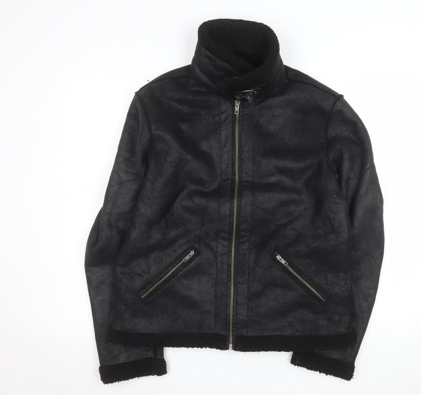 ASOS Womens Black Biker Jacket Size M Faux Shearling Lined Winter Coat