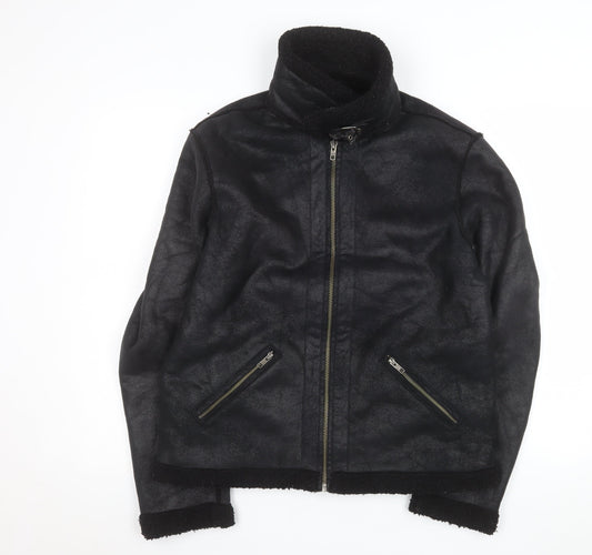 ASOS Womens Black Biker Jacket Size M Faux Shearling Lined Winter Coat