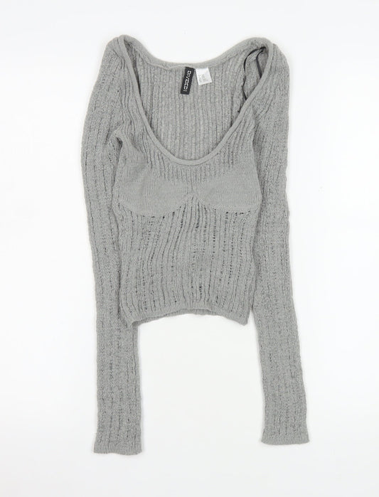 H&M Divided Women Grey Cropped Knit Long Sleeve Top Size 2XS