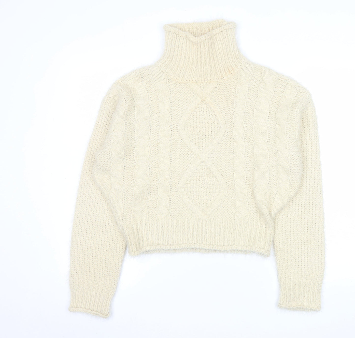 Girl In Mind Women Ivory Cable-Knit Roll Neck Jumper M