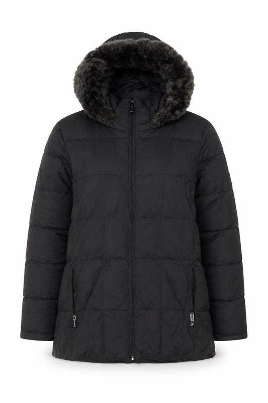 Calvin Klein Womens Black L Puffer Jacket Hooded Faux Fur Trim Winter Coat
