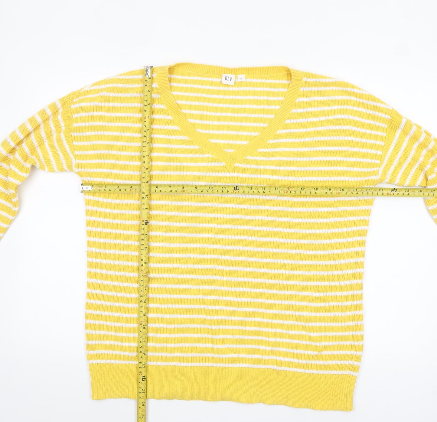GAP Women’s Yellow White Striped Cotton V-Neck Jumper Size M
