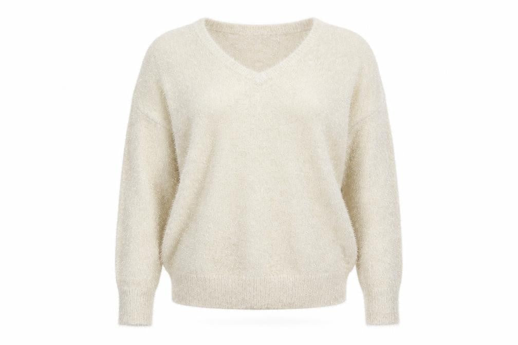 TU Women’s Beige V-Neck Fluffy Jumper Size 14 Polyamide Metallic Blend