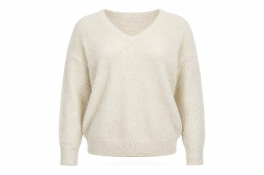 Tu Women’s Beige V-Neck Fluffy Jumper Size 14 Polyamide Metallic Blend